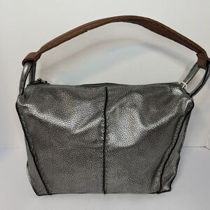 The Sak Hobo Shoulder Bag Metallic Silver Cracked Leather Brown Handle Womens